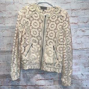 Neiman Marcus XS Moto Jacket ivory zip front faux leather trim pockets crochet